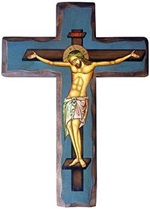 Icona Croce con base blu Arte sacra