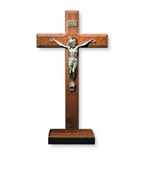 Croce d'appoggio in faggio sagomata con cristo in metallo Arte sacra